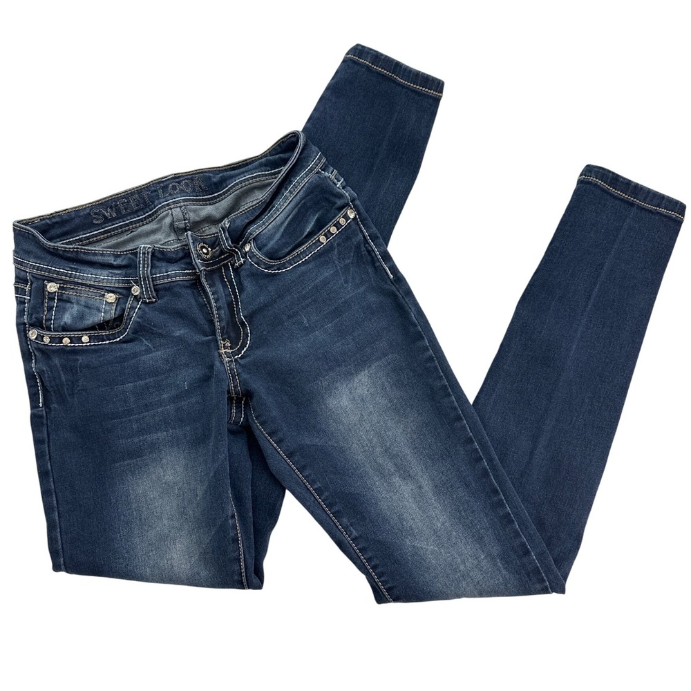 Sweet Look Women's‎ Dark Wash Skinny Jeans Rhinestone Accents Size 5